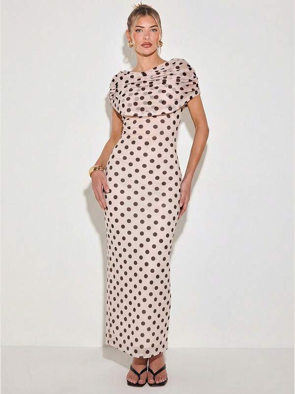 COSMINA Women's Fashionable Fitted Polka Dot Elegant Long Dress, Summer