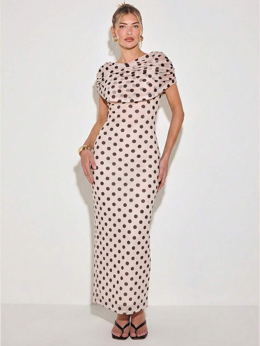 COSMINA 女士时尚修身波点优雅长连衣裙，夏季 - 彩色 - 查看 1