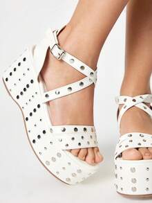 ROMWE Grunge Punk Giày sandal đế xuồng đính kim tuyến, khóa cài nhọn dành cho nữ. - trắng - Xem 3