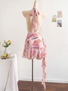 Femesol Gaun Wanita Musim Panas Boho Tropis Warna Pink Muda untuk Liburan Pantai, Motif Kerang dan Bintang Laut, Leher V Dalam, Tali Ikat di Belakang, Hem Berumbai, Patchwork, Gaun Mini Berumbai - Berwarna merah muda - View 2