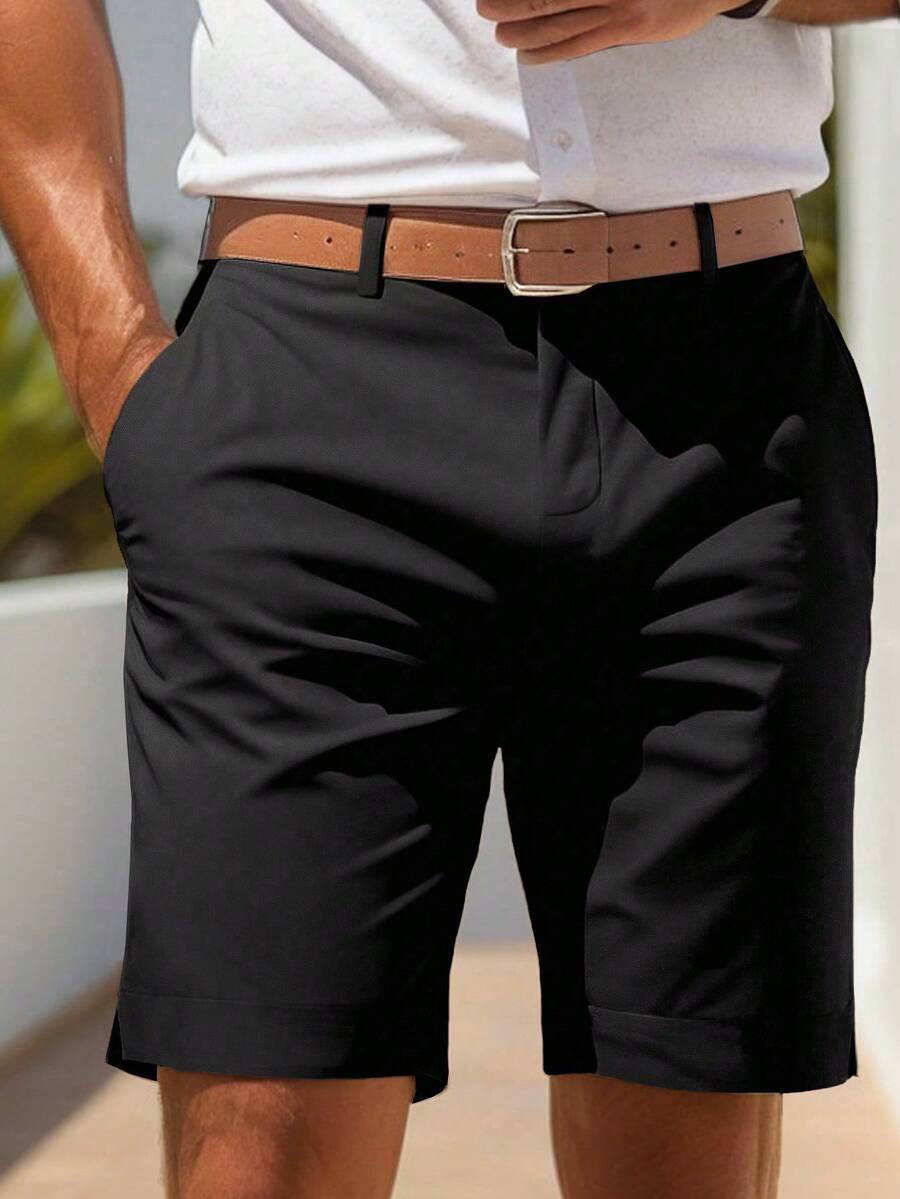 Manfinity Homme Men's Solid Color Casual Shorts With Pockets - Black - View 1