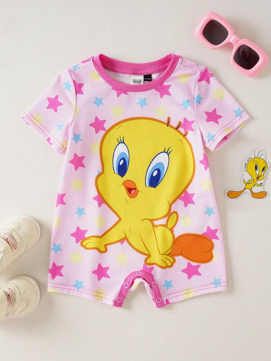LOONEY TUNES X SHEIN 女婴卡通印花圆领短袖连体衣，X - 粉色 - 查看 1
