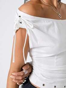 LYSMO 2026 New Minimalist Spring Women Casual White Off-Shoulder Cinched Waist T-Shirt, Summer Top - White - View 7