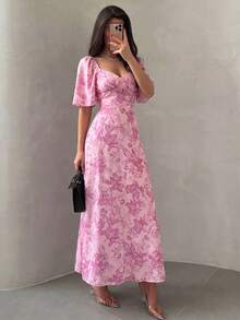 Modelyn Đầm dài ngắn tay dệt in họa tiết dành cho nữ, thắt eo - Hồng - Xem 8