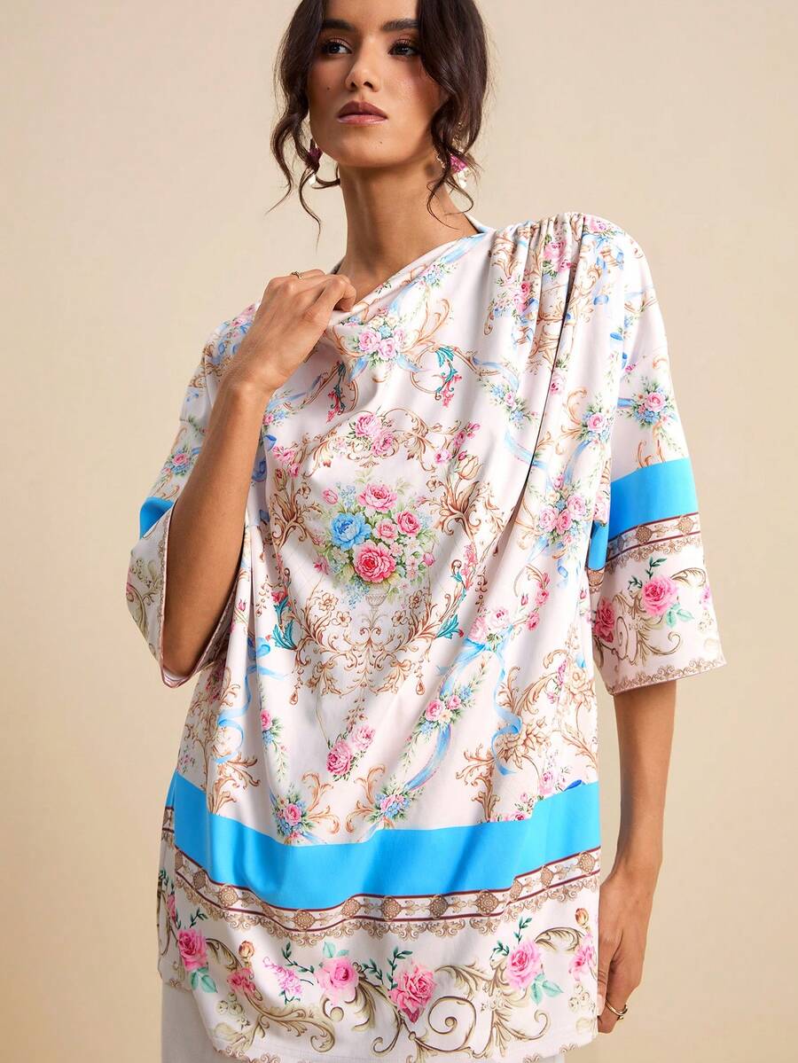 LOTSLUV 女士粉色巴洛克印花圆领宽松休闲短袖T恤，春夏款 - 粉色 - 查看 1