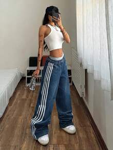Quần jeans ống rộng kẻ sọc bên hông dành cho nữ - Màu xanh lam - Xem 4