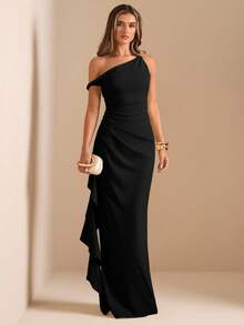 MaterniChic Maternity Solid Color Asymmetrical Shoulder Sleeveless Slit Ruffle Hem Long Dress, Summer - Black - View 8