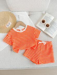 LMoss Kids Bộ 2 món áo thun cổ tròn kẻ sọc dệt kim cho bé gái và quần short - trái cam - Xem 3