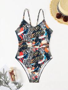 Vaytide Traje de baño de una sola pieza recortado, impreso y parcheado aleatoriamente para mujer, con espalda descubierta. Verano en la playa - Multicolor - Ver 4
