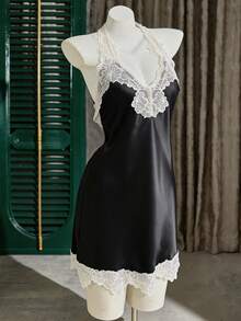 LuxeNights 1件女士性感蕾丝边缎面吊带裙，优雅细肩带睡袍，适合所有季节 - 黑色 - 查看 3