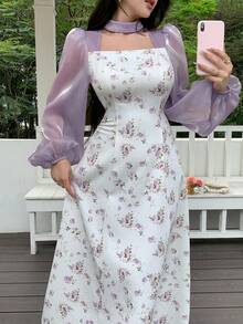 Feyla Women's Floral Print Square Neck Elegant Long Sleeve Midi Dress - Mauve Purple - View 4