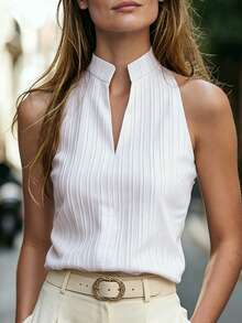 Balvessa Women V-Neck Sleeveless Textured Tank Top - White - View 1