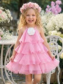 Vestido de hada con capas y flores 3D para niñas, primavera/verano 2026, rosa dulce - Rosa - Ver 5
