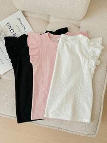 SHEIN LMoss Kids 3件套少女休闲提花针织纯色圆领短袖上衣 - 彩色 - 查看 4