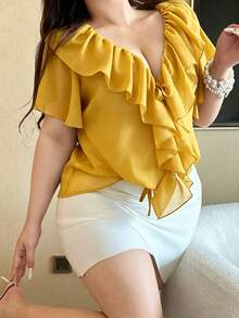 Vibekara Plus Size V-Neck Solid Color Chiffon Ruffle Hem Sheer Sexy Short Sleeve Blouse - Yellow - View 8
