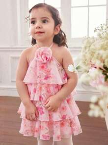 Babygirl Cute & Elegant Yellow Ruffle Floral Sleeveless Dress - Multicolor - View 10