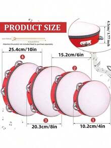 1PC Red Wooden Handheld Tambourine Multiple Size Options 4 6 8 10 Inch Single Row Metal Jingles Rhythm Percussion Instrument For Party KTV Music Therapy Adult Musical Tool Beat Maker Performance Essential Gift Idea - Multicolor - View 11