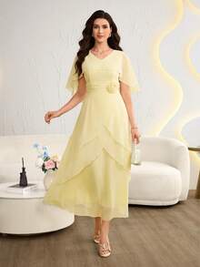 Modelyn Vestido de gasa con cuello en V y volantes con estampado floral, amarillo - Amarillo - Ver 6
