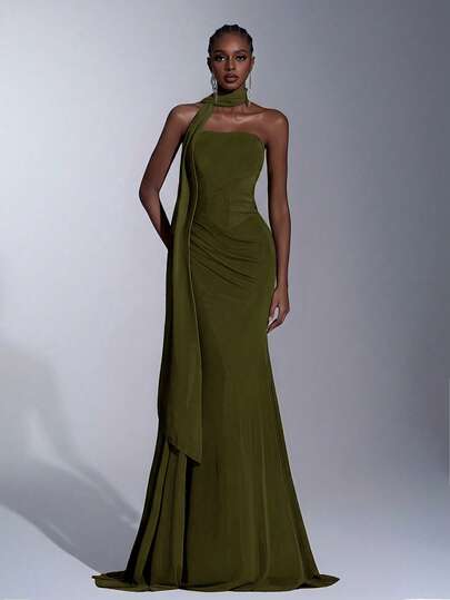 Elitara 优雅雪纺面料无肩带鱼尾低腰褶皱侧边垂褶荷叶边连衣裙（可拆卸，多穿搭）挂脖荷叶边，适合约会、度假、婚礼、购物、日常活动、伴娘礼服