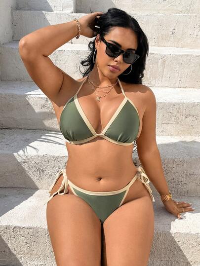 Swim Vcay 2026新款加大码女式两件套撞色滚边挂脖系带简约设计比基尼套装，适合海滩度假、夏季派对，优雅女士泳装，女士假日服装