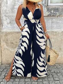 Breezaya Plus Size Colorblock Printed Sleeveless Jumpsuit - Navy Blue - View 4