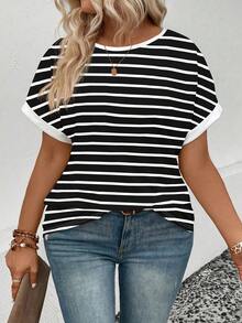 Selamara Women's Casual Striped Print Round Neck Short Sleeve Plus Size T-Shirt, Versatile For Spring/Summer - Multicolor - View 3
