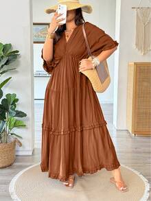 Vionelle Plus Size Solid Color Ruffle Trim Regular Dress, Spring/Summer Beach Vacation Vacation Brown Elegant - Redwood - View 4