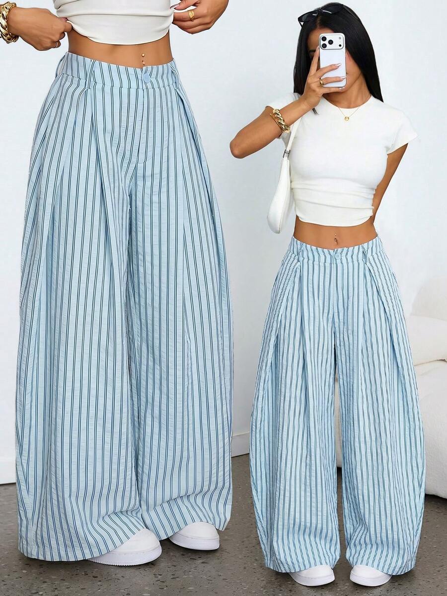 SHEIN PETITE 女款夏季復古休閒嬉皮街頭風寬鬆軍綠色長褲,適合嬌小女性 - 淺藍色 - 查看 1