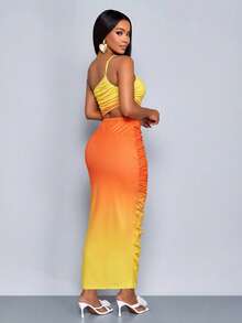 SOLERSUN One-Shoulder Gradient Pleated Cutout Dress With High Side Slit For Vacation Parties - Orange - View 3