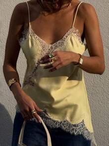 DAZY Women's Yellow V-Neck Lace Patchwork Smooth Satin Asymmetrical Hem Camisole, Spring & Summer - Yellow - View 1