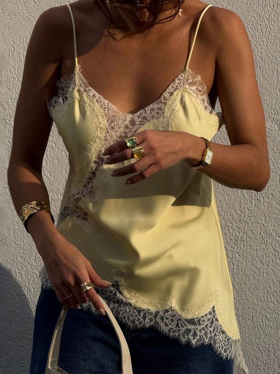 DAZY Women's Yellow V-Neck Lace Patchwork Smooth Satin Asymmetrical Hem Camisole, Spring & Summer - Yellow - View 1