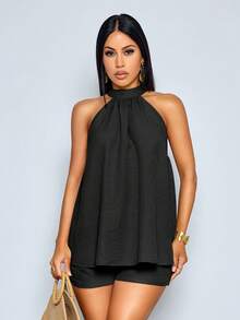 SOLERSUN Conjunto de duas peças feminino, sexy e elegante, para praia e resort, composto por um top halter verde menta com barra irregular e shorts combinando. Perfeito para encontros e festas. Moda feminina primavera/verão, estilo clássico. - Preto - Ver 3