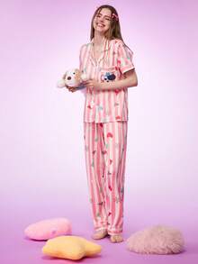 Conjunto de pijama con bolsillo y cuello con adorno - Multicolor - Ver 6