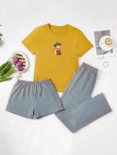 SHEIN Women's Cotton Line Cartoon Orange Cat Print 3pcs Pajama Set Casual Short Sleeve Round Neck Top With Striped Shorts And Pants