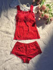 SHEIN 女款蕾絲內衣套裝 2件組 - 酒紅色 - 查看 6