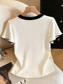 SHEIN Franclia Áo thun tay ngắn cổ tròn khoét rỗng, viền tương phản, kiểu dáng thanh lịch, thích hợp cho mùa hè. - Màu be - Xem 2