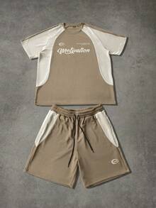 Manfinity Hypemode Men's Contrast Color Raglan Sleeve Short Sleeve T-Shirt And Shorts Set, Suitable For Daily Life, Outings, Vacation And Travel - Khaki - View 7
