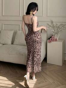 DAZY Women's Leopard Print Fashionable Vacation Side Slit Fishtail Hem Bodycon Cami Dress Summer Sundress - Brown - View 5