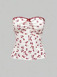 ROMWE PETITE Delicate Sexy Vacation Lace Trim Cherry All-Over Print Bow Ruched Stretchy Fitted Women Top - Multicolor - View 6