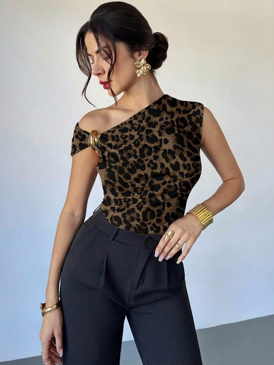 Firerie 女士豹纹肩带金属装饰休闲百搭日常穿搭T恤 - 白色 - 查看 1