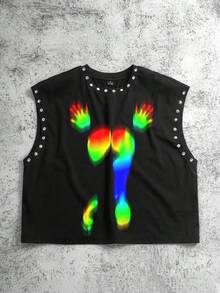 Manfinity ZONE917 箱型宽松短款水钻印花性感动感黑色吊带背心 - 黑色 - 查看 6