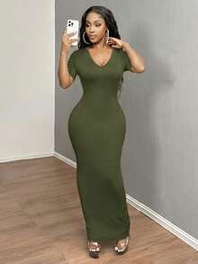 SHEIN SXY 女士纯色V领修身短袖连衣裙 Hoco连衣裙 - 綠色 - 查看 3