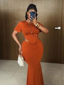 Maweii Plus Size Women Summer Sexy Solid Color Asymmetric Hem Top And Mini Skirt Set - Orange - View 3