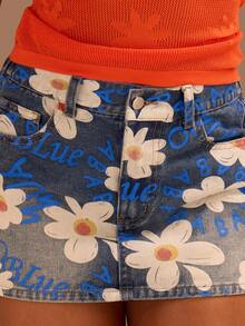 Athîral Chân váy denim ngắn cạp thấp in hoa dành cho nữ, thích hợp cho kỳ nghỉ hè/mùa xuân. - Rửa trung bình - Xem 5