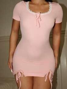 SHEIN Women's Sexy U-Neck Bodycon Nightgown - Pink - View 1
