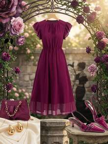 Ellevyn Elegantes Damen Vintage Minimalistisches einfarbiges Chiffon-Kleid mit Twist-Kragen, Kappe, flatternden Ärmeln, taillierter Taille und Midi-Länge, tiefes Lila, Sommer-Teeparty-Outfit - Heißes Pink - Übersicht 3
