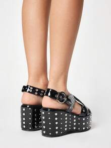 ROMWE Grunge Punk Ladies, Spike Buckles, Lame-Heeled Platform Sandals. Summer Shoes Y2K - Black - View 5
