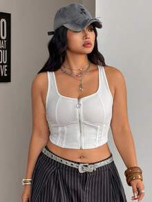 Coolane Women's Plus Size Summer Casual Solid Color Front Zipper Going Out Minimalist Basic Daily Wear Streetwear Casual Sportswear Slim Fit Cropped White Tank Top Plus Size Waist-Defining Top, Figure-Flattering Fit - White - View 1
