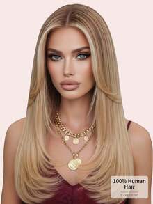 100%真人发接发片 P6/613# 浅棕色挑染金色直发款式，长度14-22英寸，100克双层缝制，隐形无缝，顶级品质，发尾浓密，健康真人发接发片，适合细软发质，沙龙级美发，以及所有女性/女孩日常使用。 - S6/613 - 查看 9