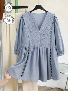 Lacomfia Casual Embroidered Patchwork 3/4 Sleeve Loose Regular Spring/Summer Plus Size Shirt - Dusty Blue - View 5